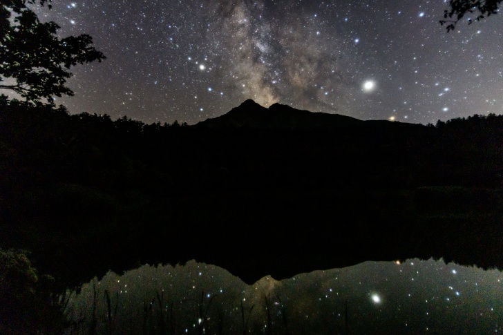姫沼の湖面に映る利尻富士と満天の星空