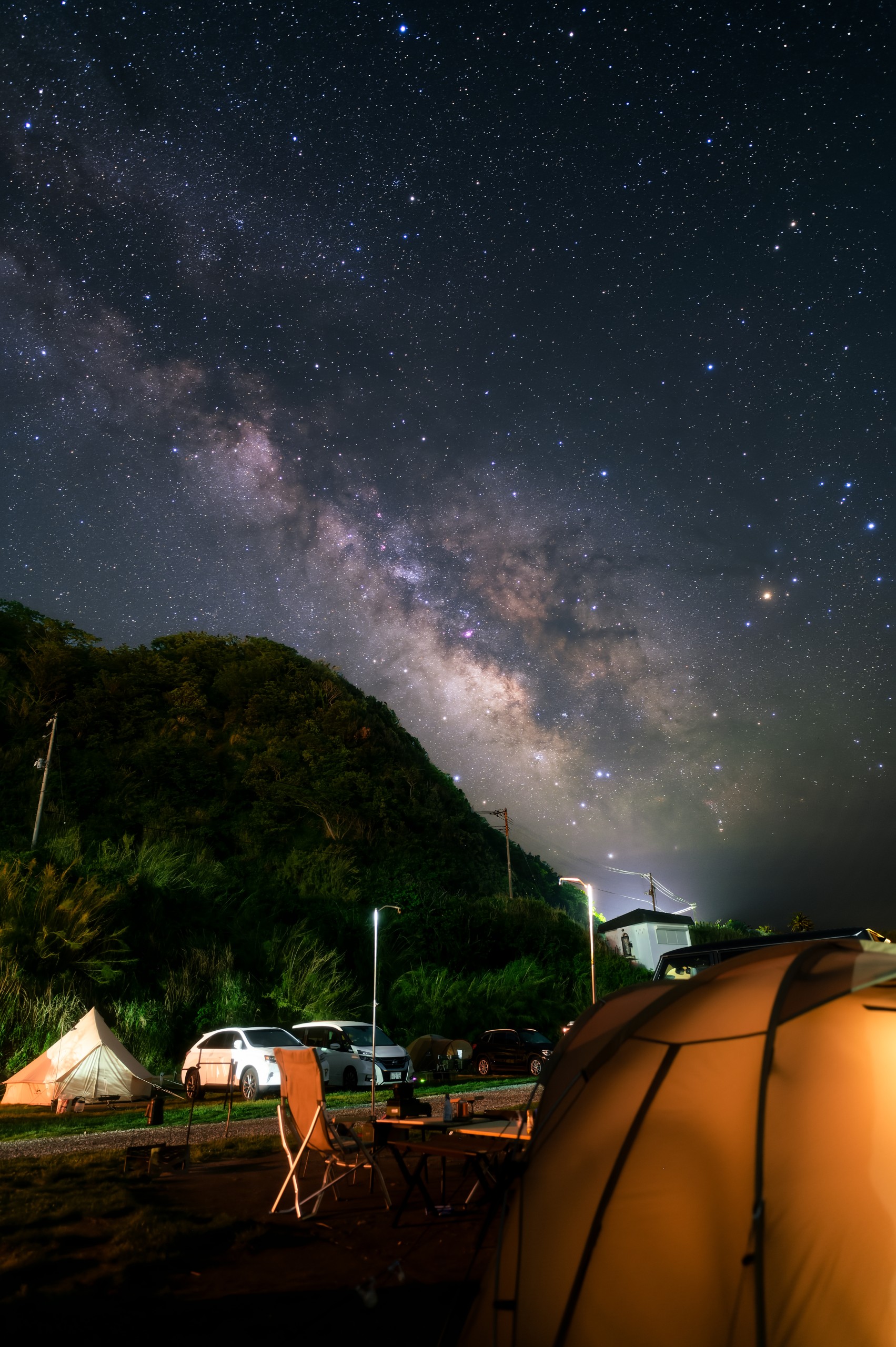 キャンプマナビスで星空撮影 海サイトから天の川 テント星景
